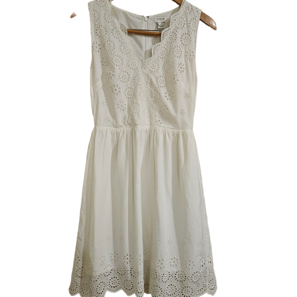 J. Crew 00 White Eyelet Lace Lined Sleeveless Knee Length Dress